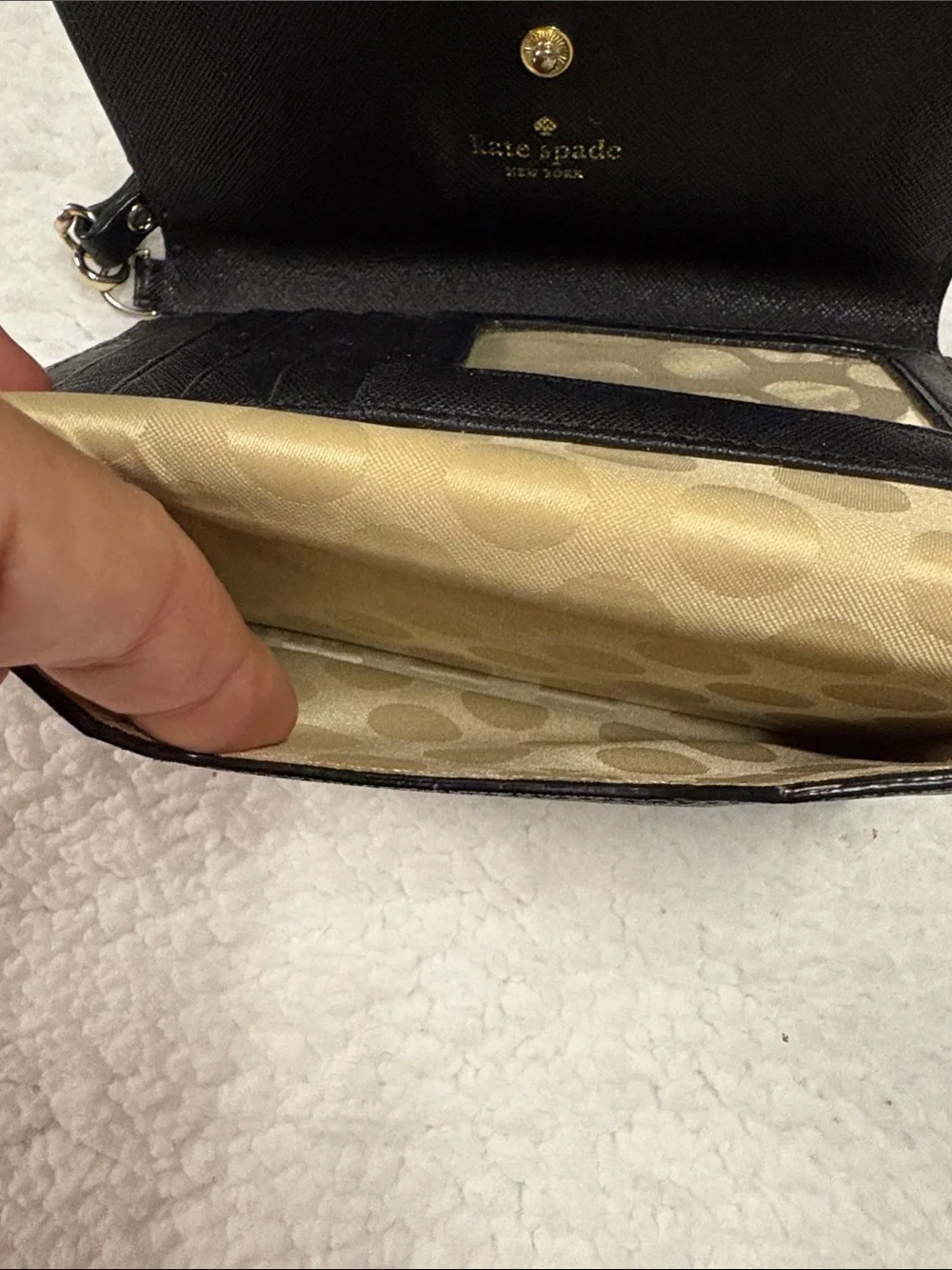 kate spade Black Saffiano Wristlet Clutch with Gold Logo